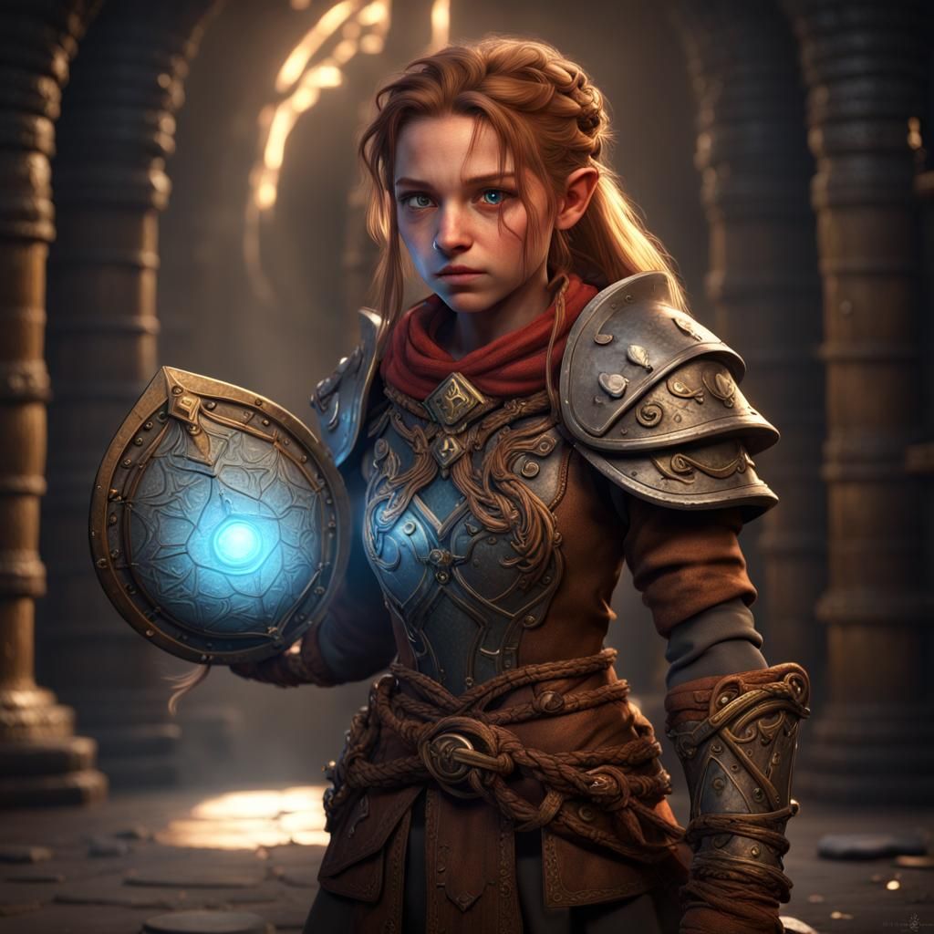 Halfling Cleric with Glowing Shield in Dungeon