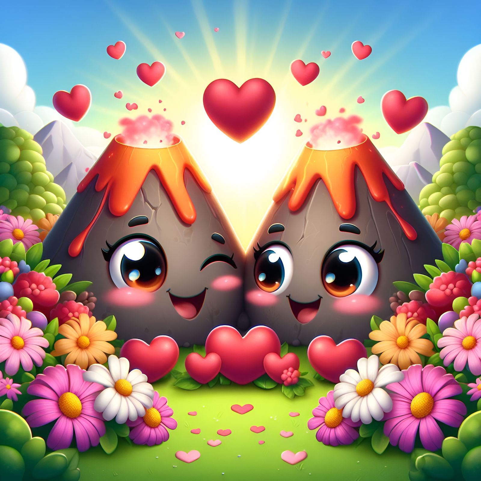 Cartoon Volcanoes in Love: A Valentine's Day Scene