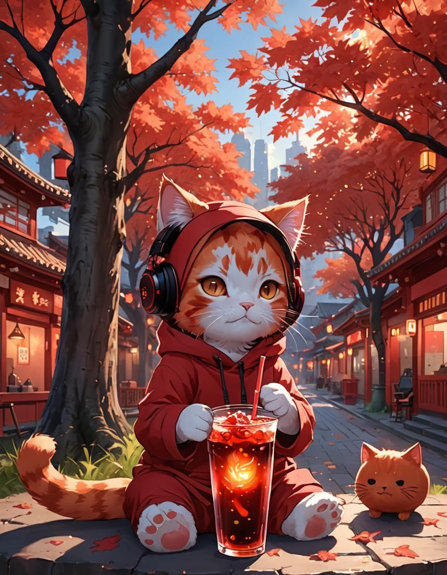 Red Cat Drinks Boba Tea in Anime Style