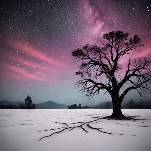 Pine Silhouettes Against Starry Nebula: Matte Painting