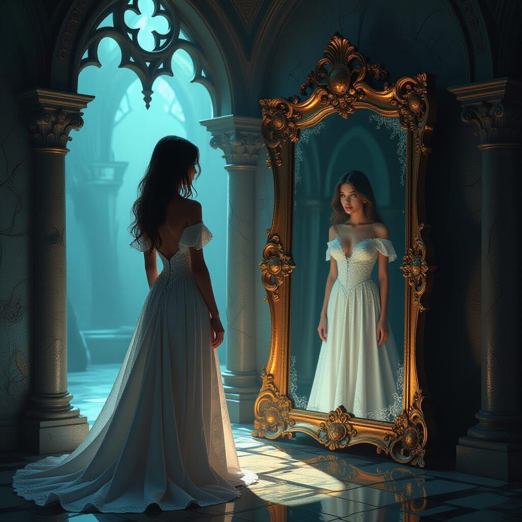Woman Gazing into Ancient Mirror in Ornate Chamber