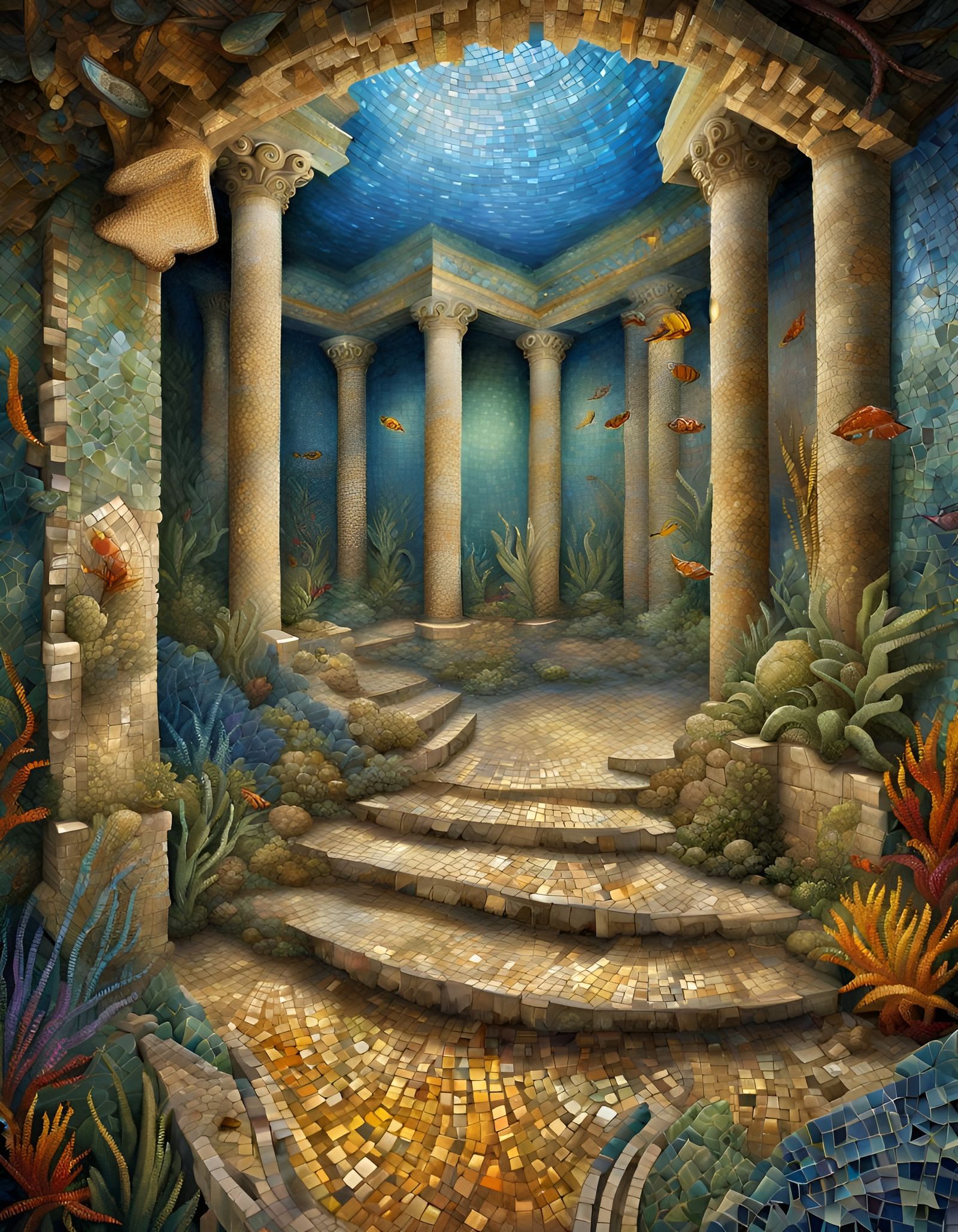 Ancient Underwater Mosaic Ruins at Sunset