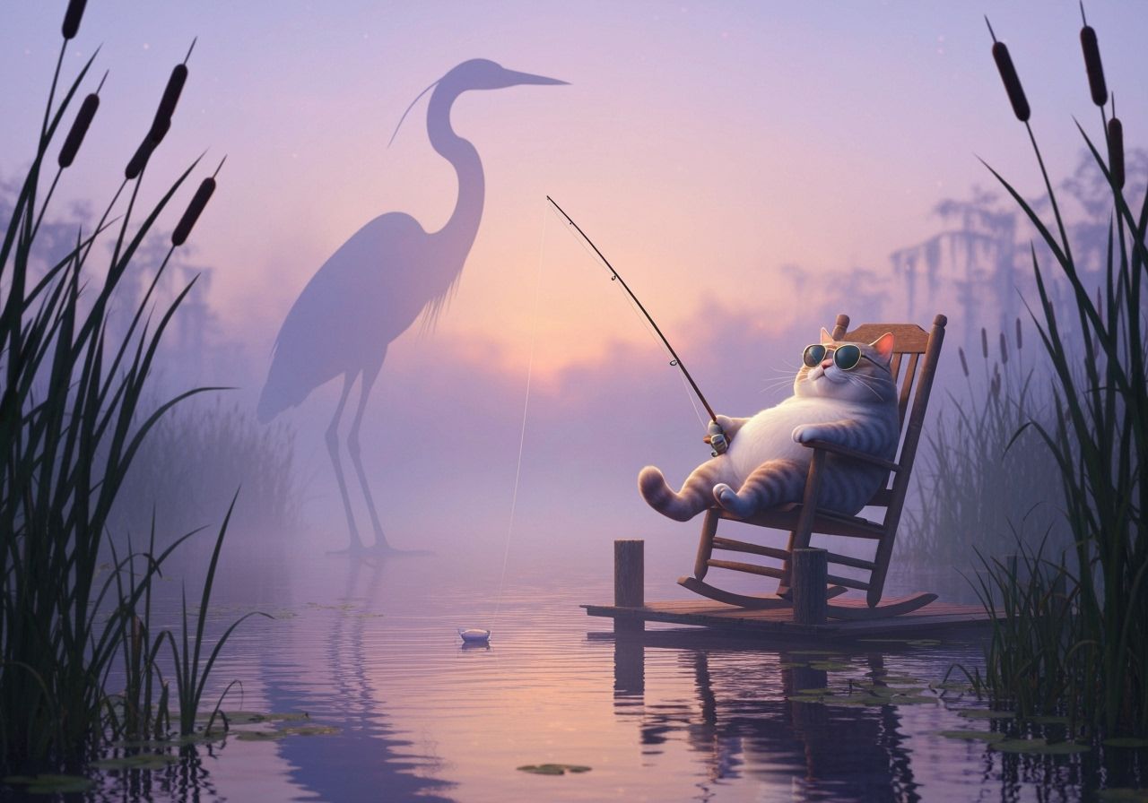 Cat in Sunglasses Fishing at Dusk in a Swamp