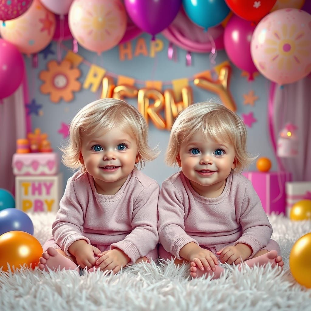 Blonde Twins with Down Syndrome Celebrating Birthday in Whim...