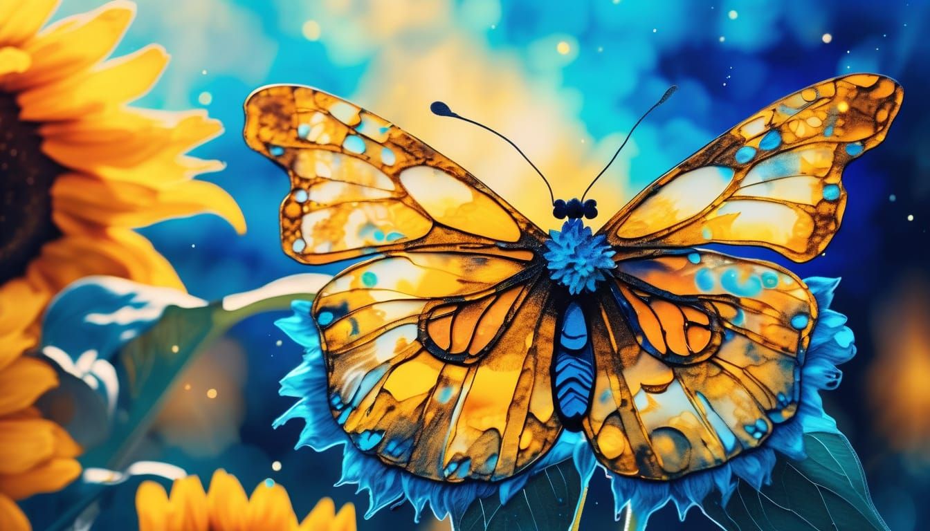 Lion-Butterfly Hybrid on Sunflower in Alcohol Ink Style