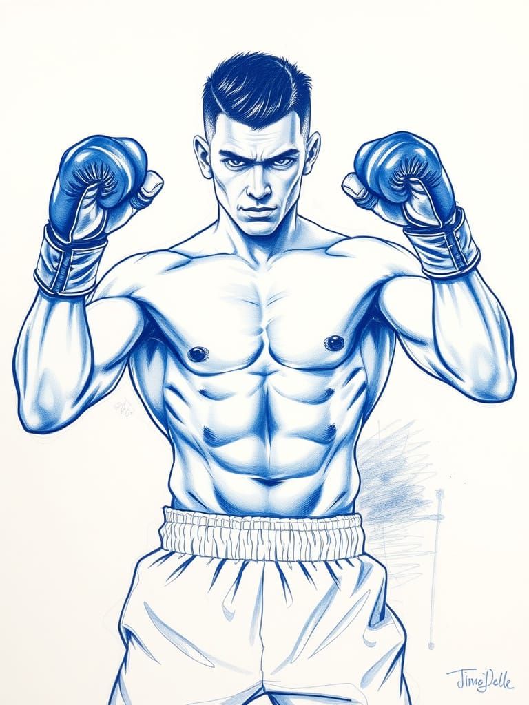 Boxer's Triumphant Moment in Monochrome Blue