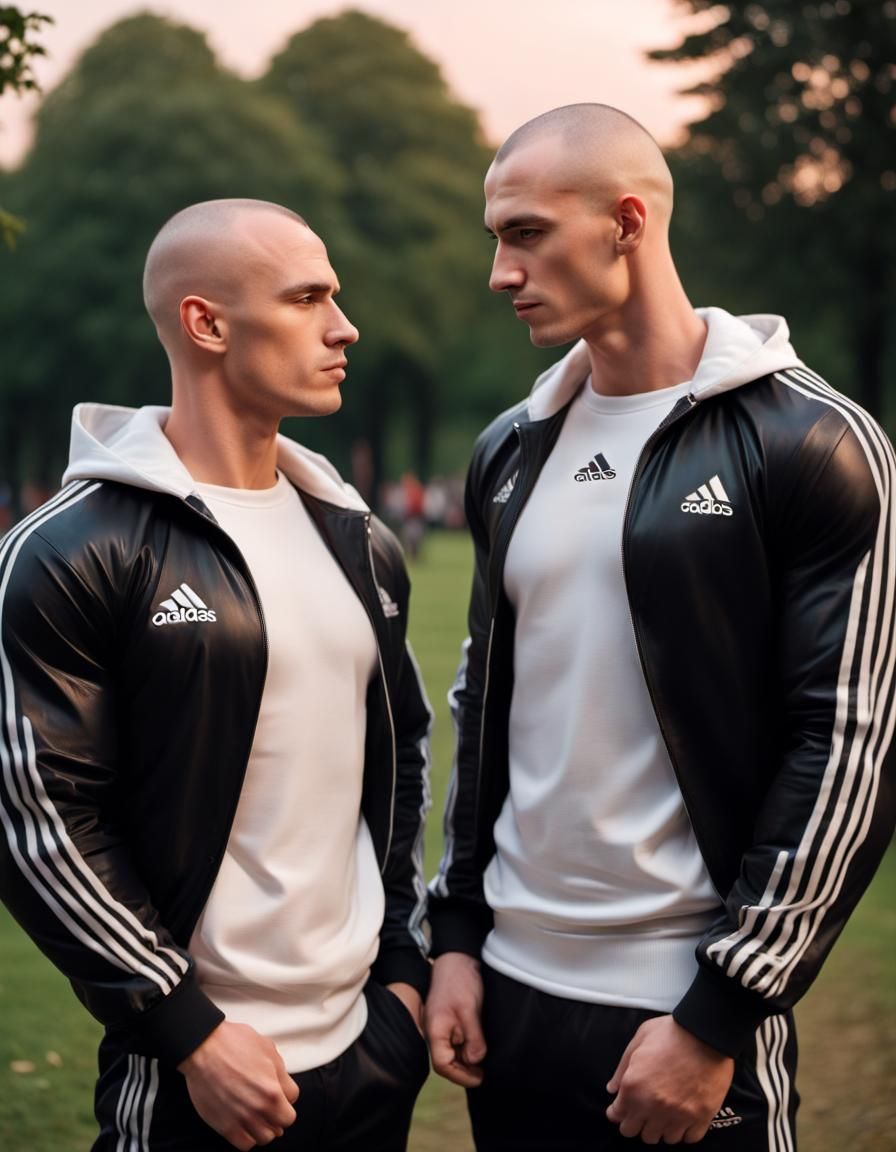 Two young men in tracksuits dreamly look at each other