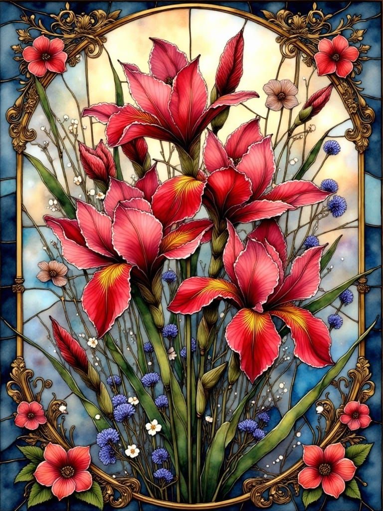 Stained-Glass Iris Bouquets in Ornate Gold Frame