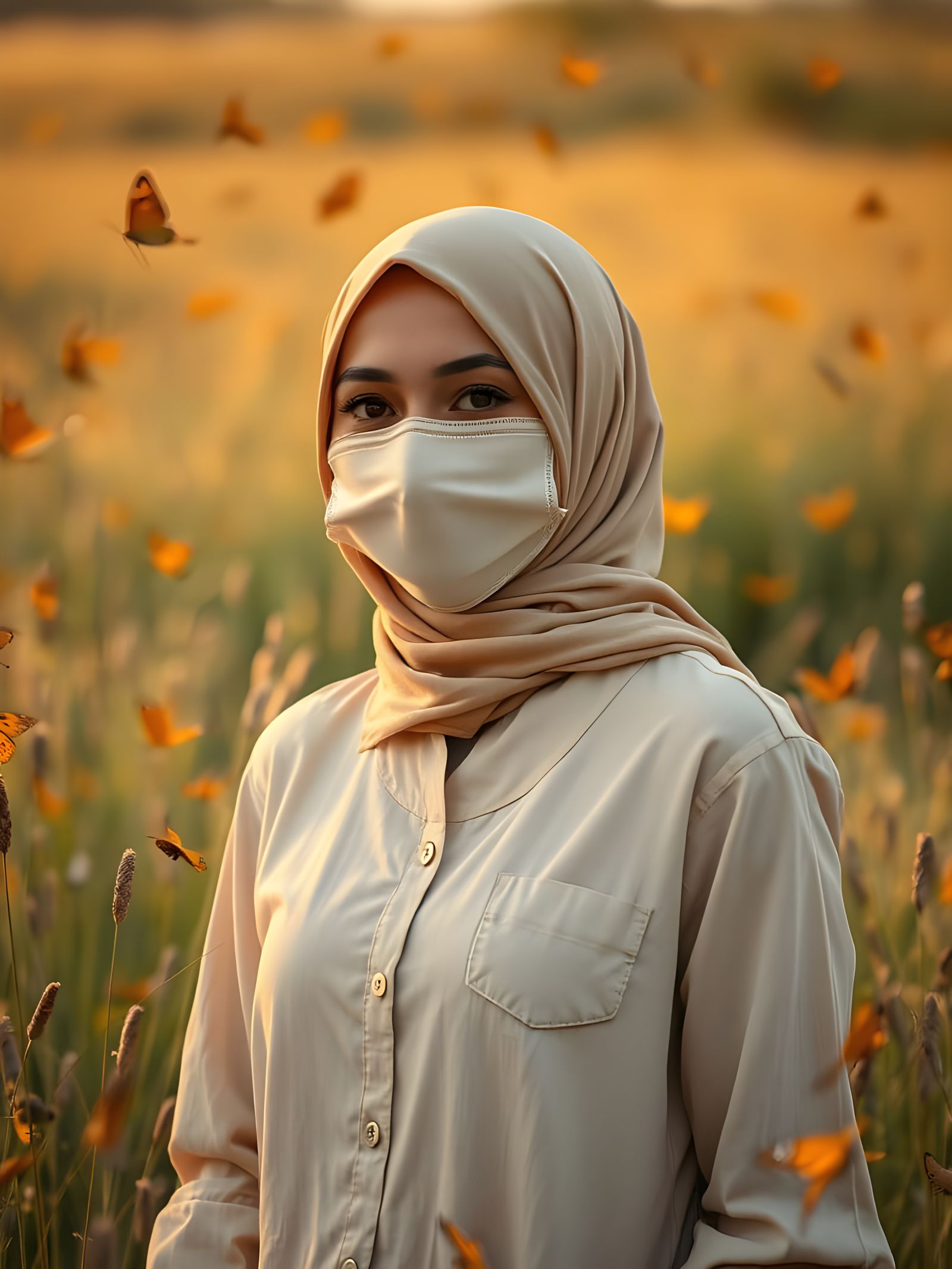 Woman in Hijab Amidst Butterflies at Golden Hour