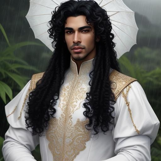 Ethereal Biracial Prince in a Rainy Garden