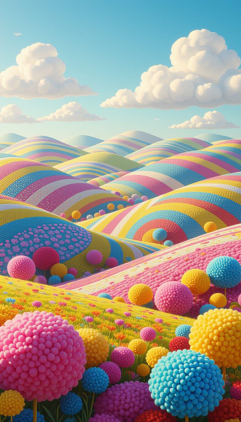 Whimsical Pom Pom Landscape in Playful Style