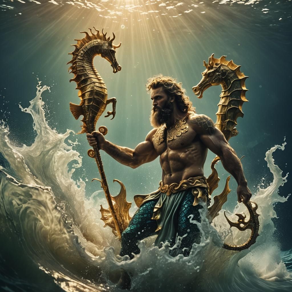 Poseidon Emerges from Ocean on Seahorse: Cinematic Still