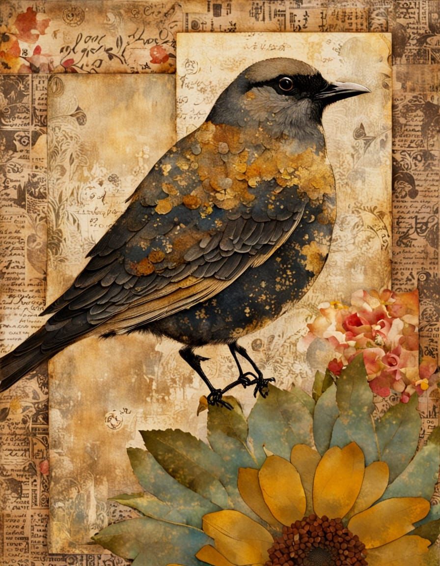 Bird on Flower in Earthy Folk Art Collage
