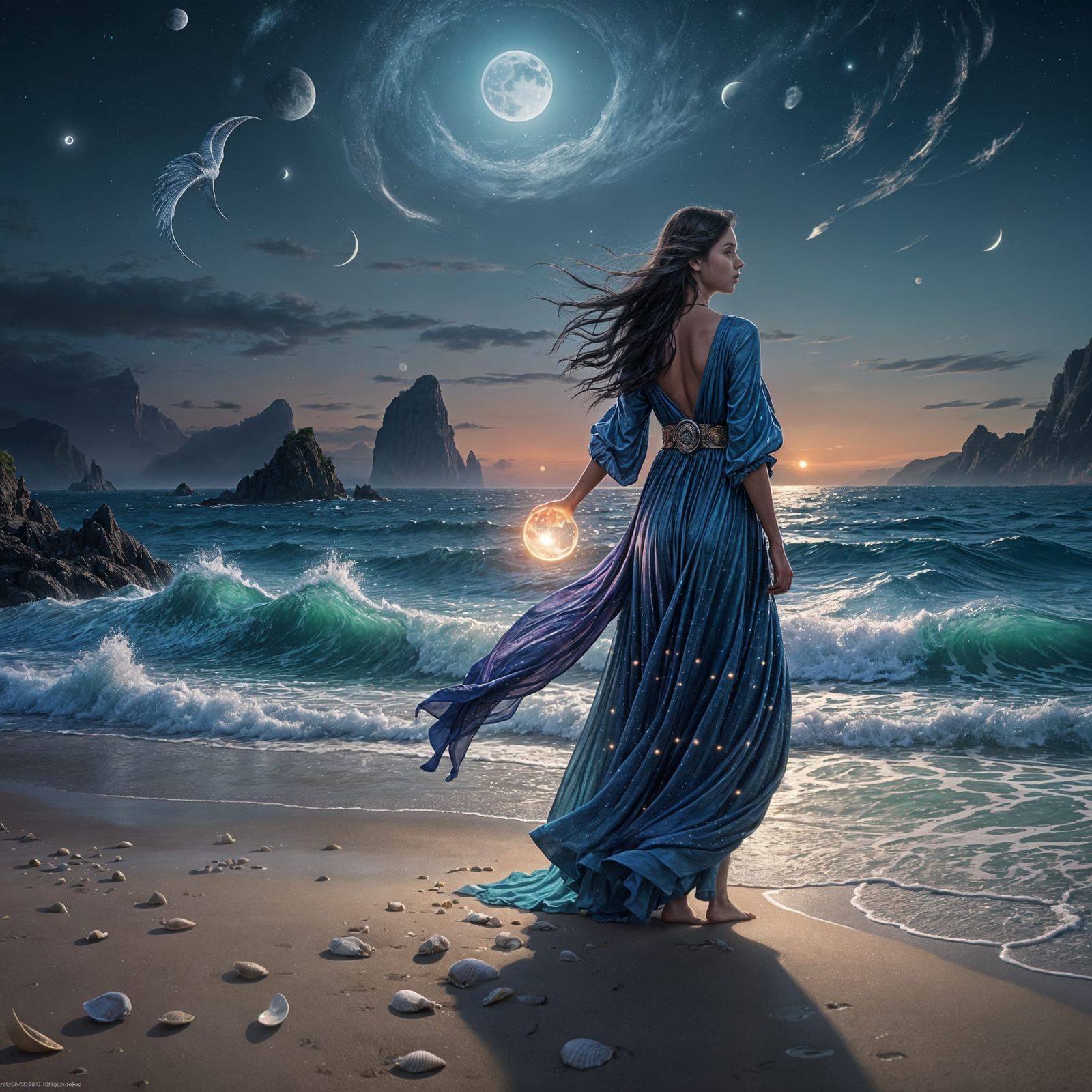 Woman with Glowing Moon on a Plankton Beach