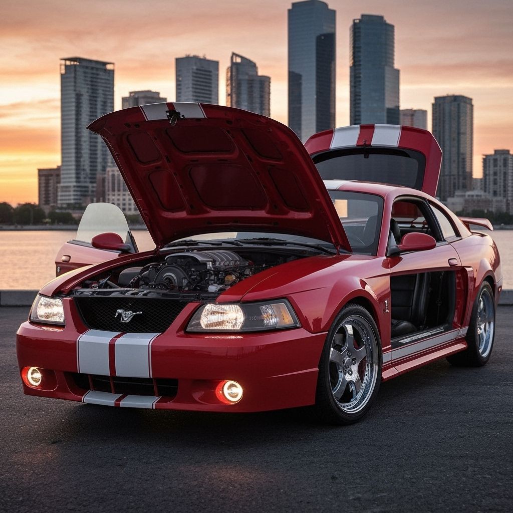 Red 2000 Ford Mustang Muscle Car with Open Doors