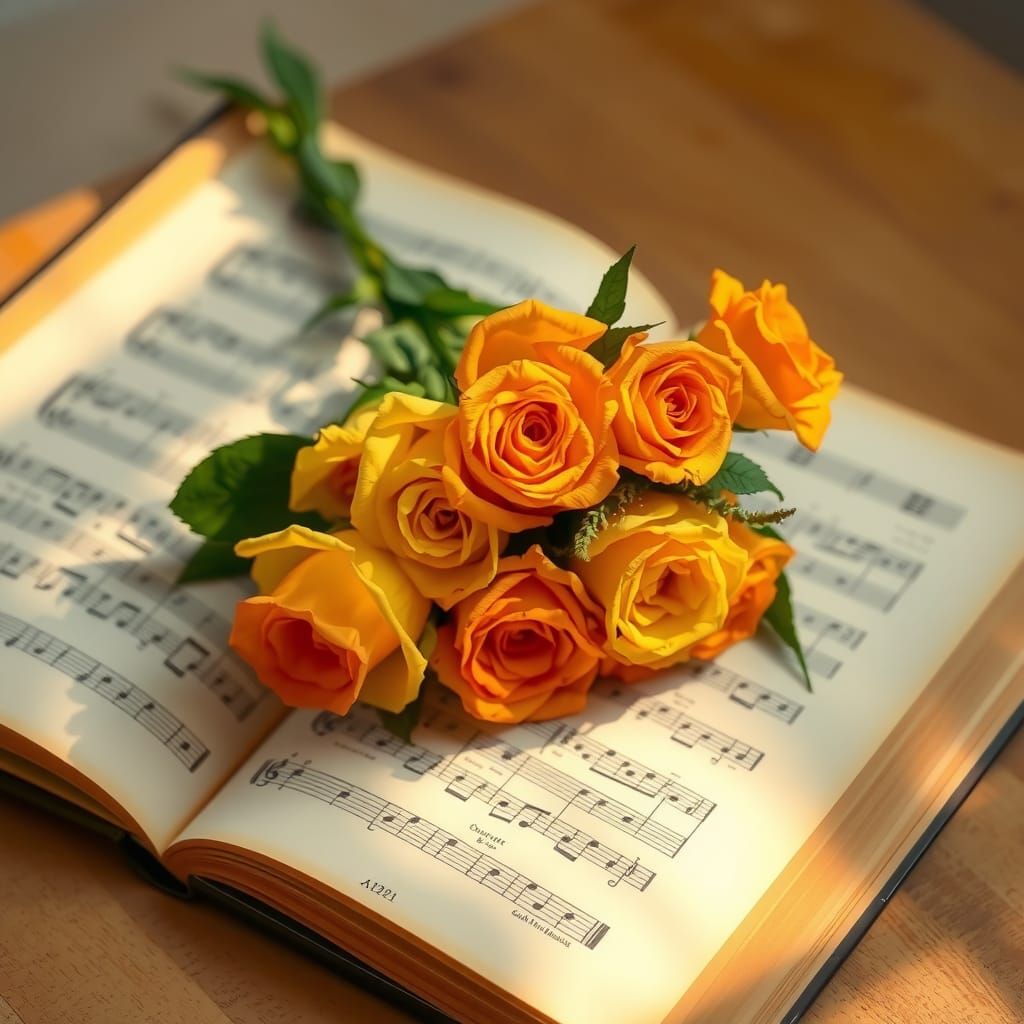 Roses on Sheet Music in Sunlight