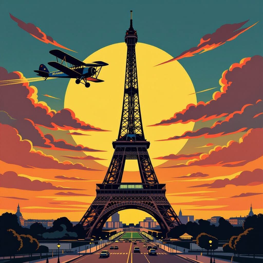 Eiffel Tower & Biplane Over Paris Sunset