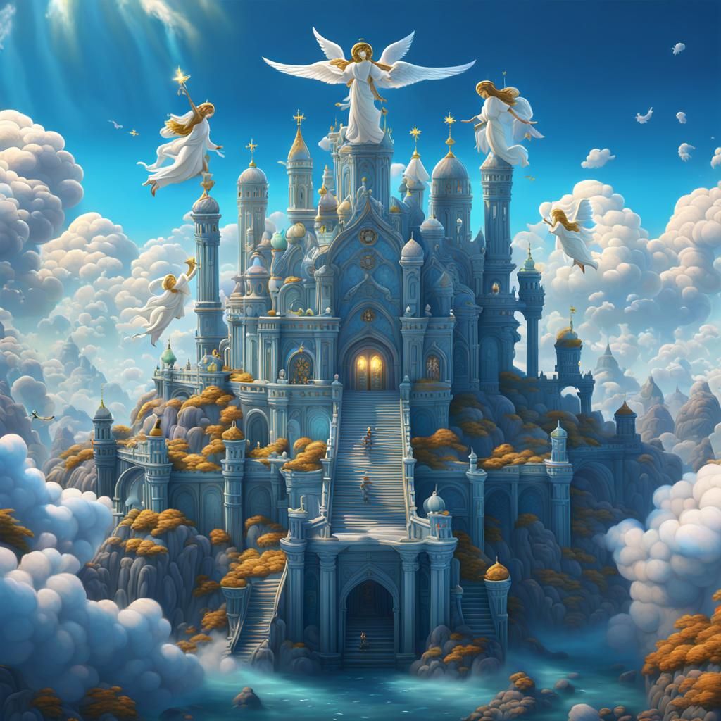 Cartoon Heaven with Angels in Light Clouds