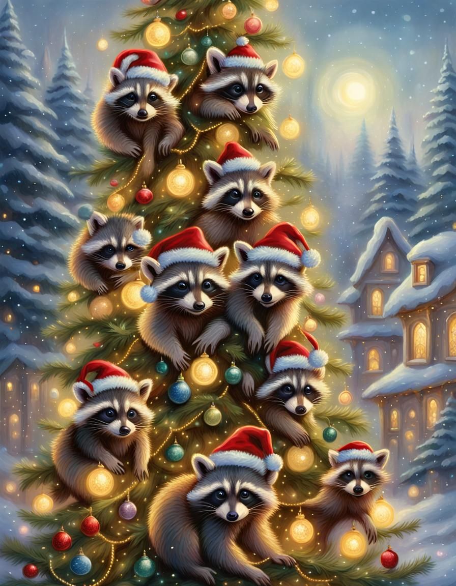 Whimsical Raccoons Climb Christmas Tree in Winter Wonderland