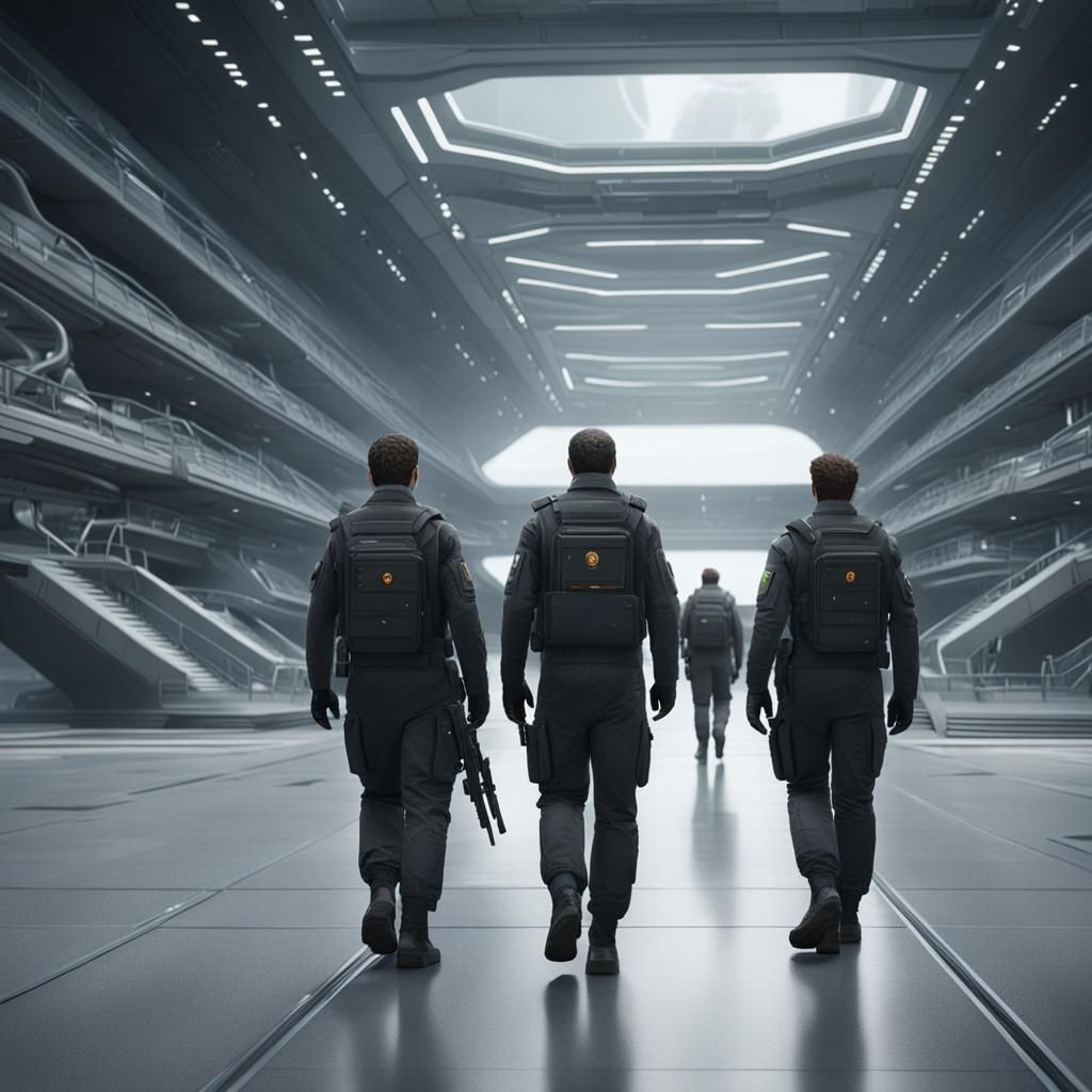 Security Guards Patrol Futuristic Spaceport