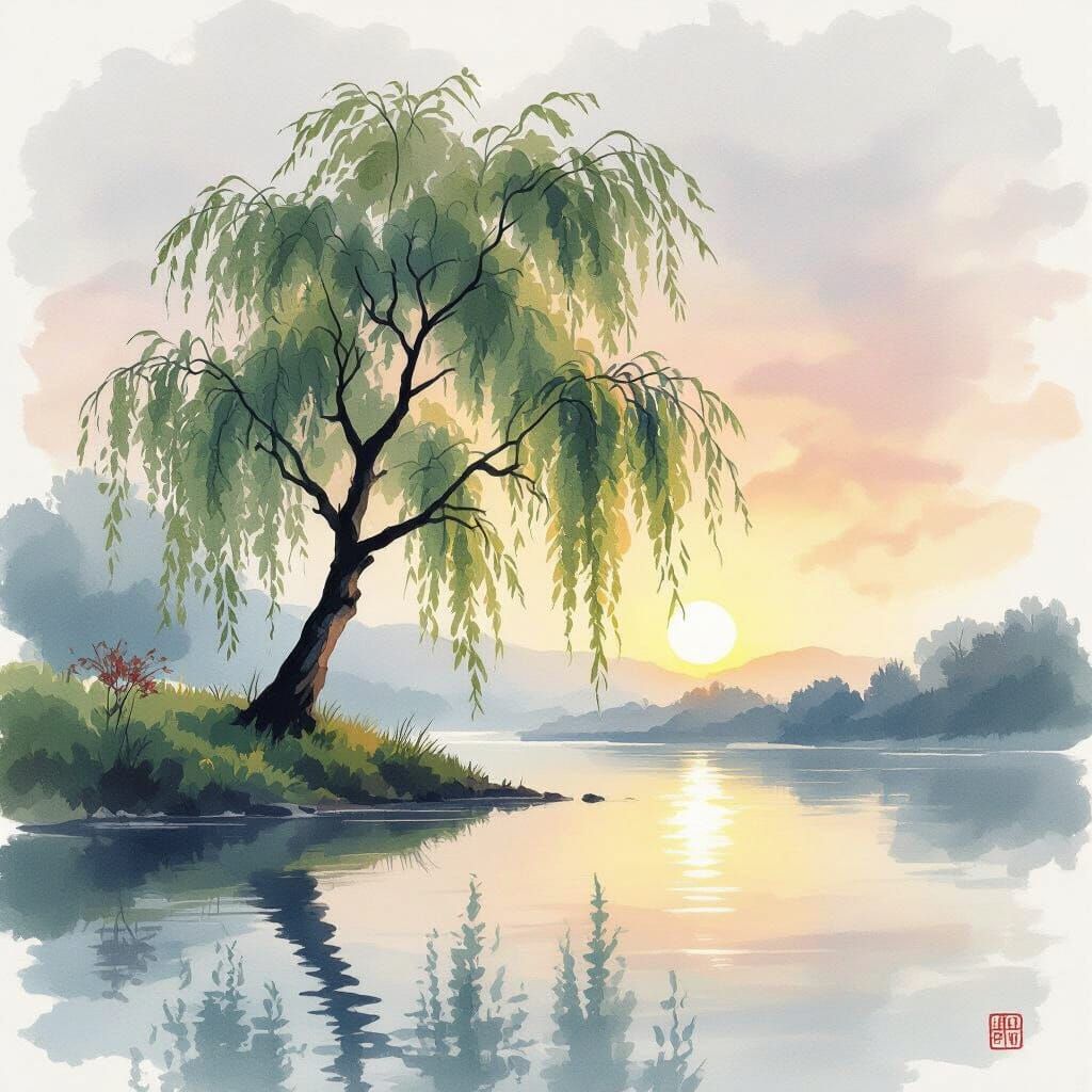 Whispering Willow by River Sunrise