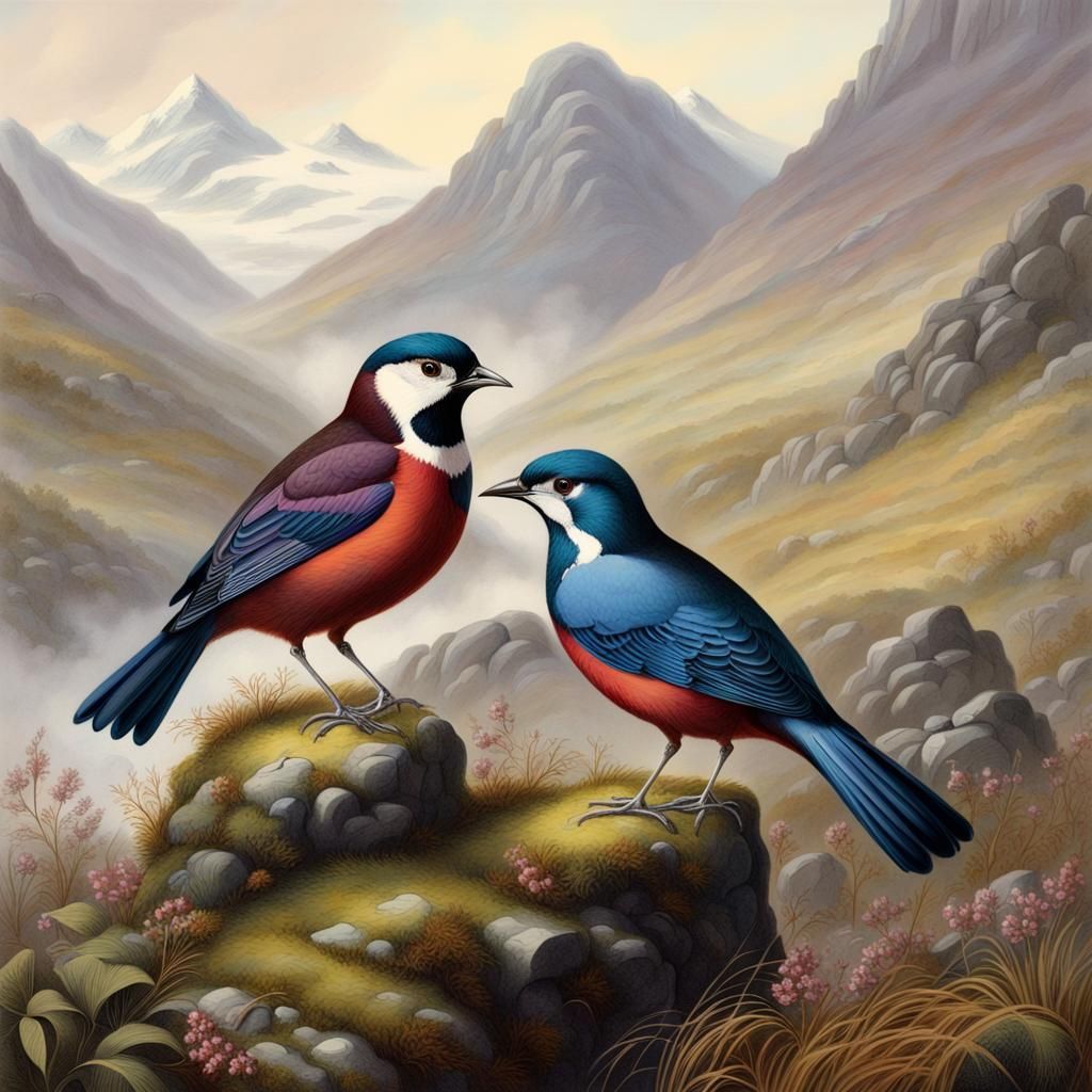 Victorian Scottish Birds in Misty Glencoe Landscape