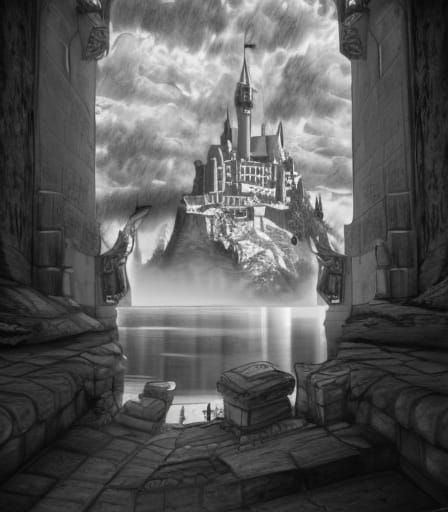 Pencil sketch of a mountain castle