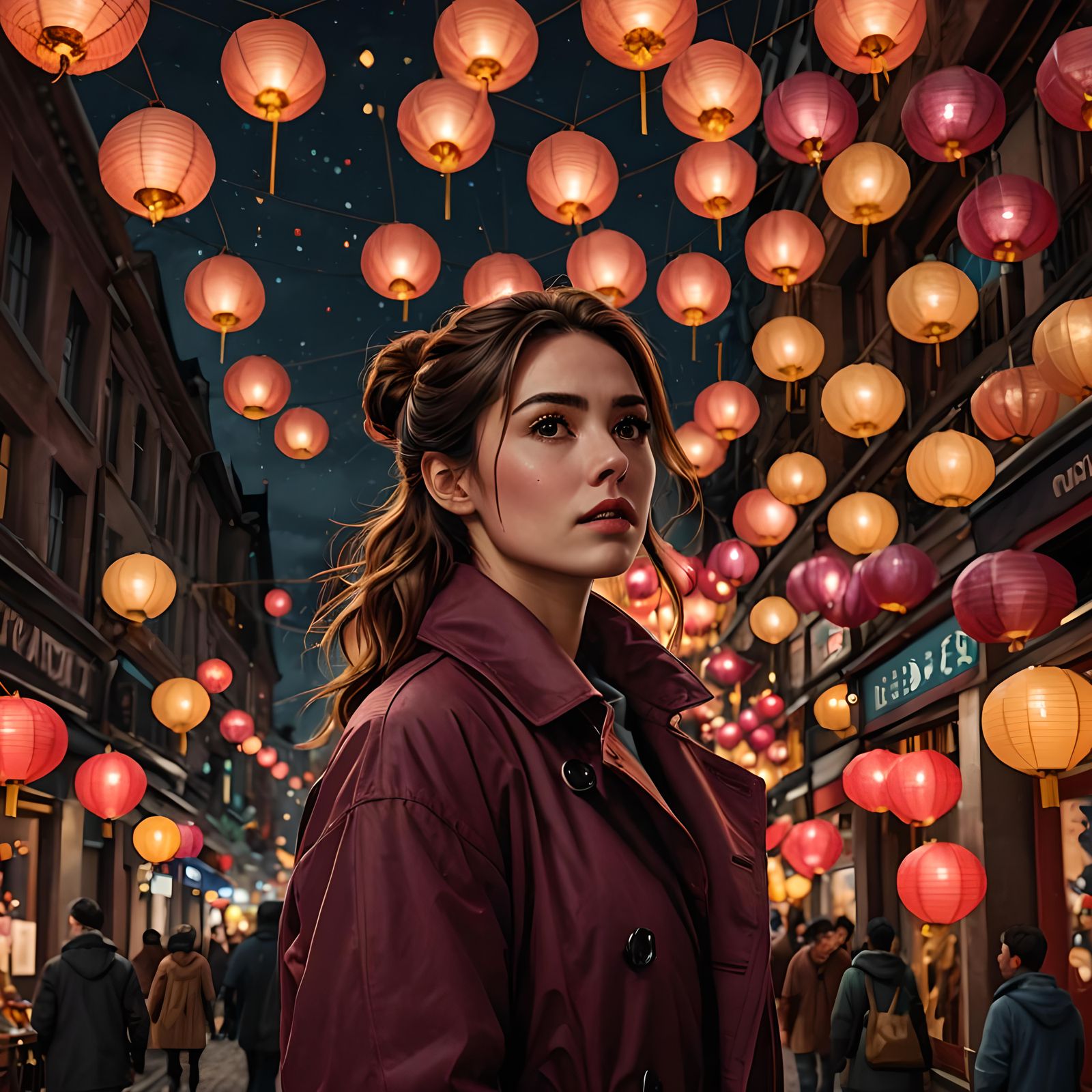 Woman Amazed by Lanterns in Photorealistic Style
