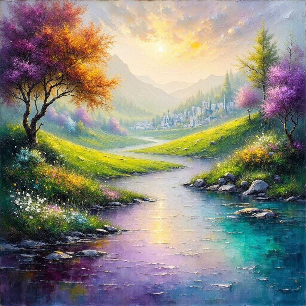 Illuminated Landscape Oil Painting with Soft Light