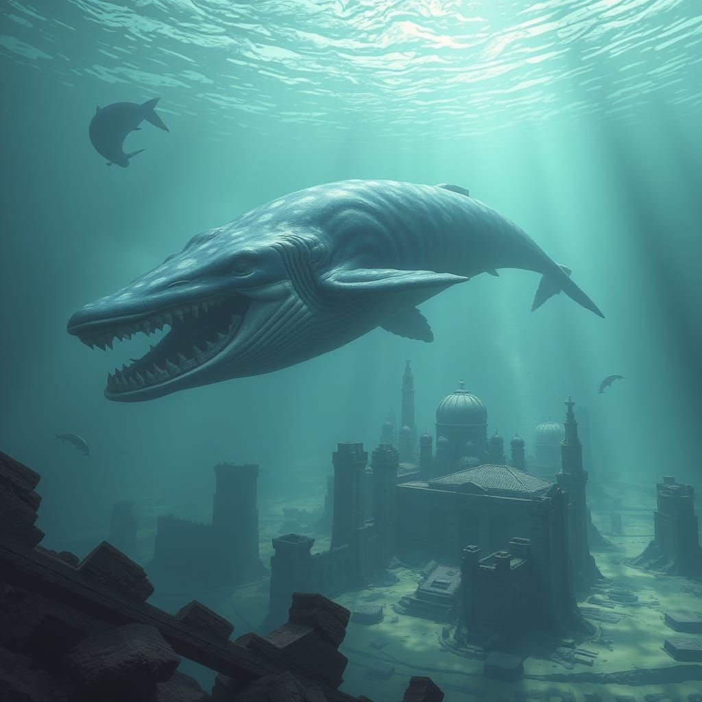 Whale Over Sunken City Ruins