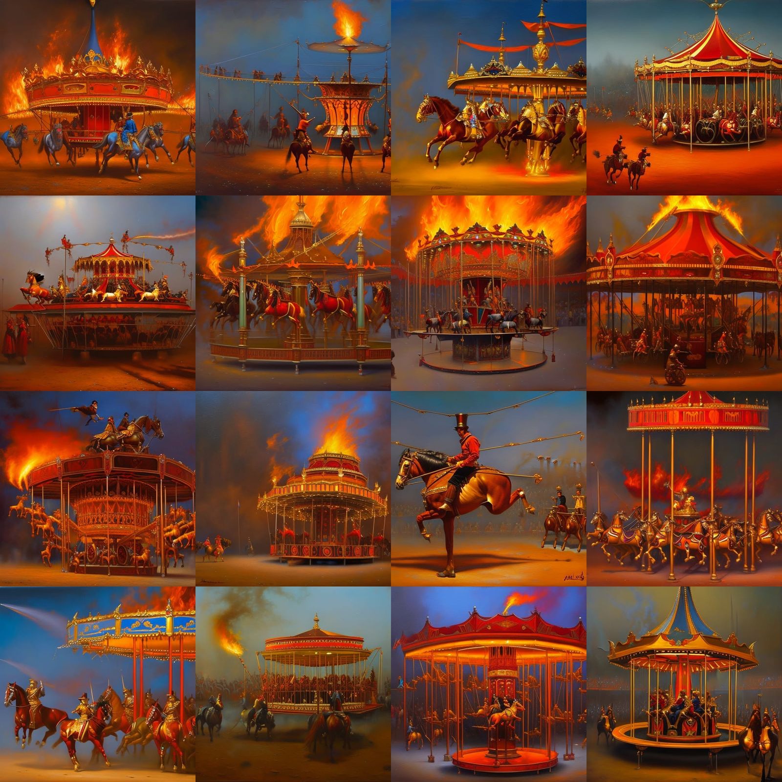 Fiery Circus Carousel in Oil Painting Style