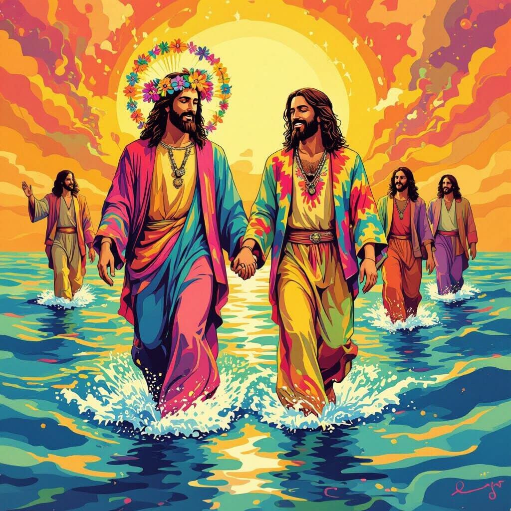 Jesus and Peter Walk on Water in Retro Pop Style