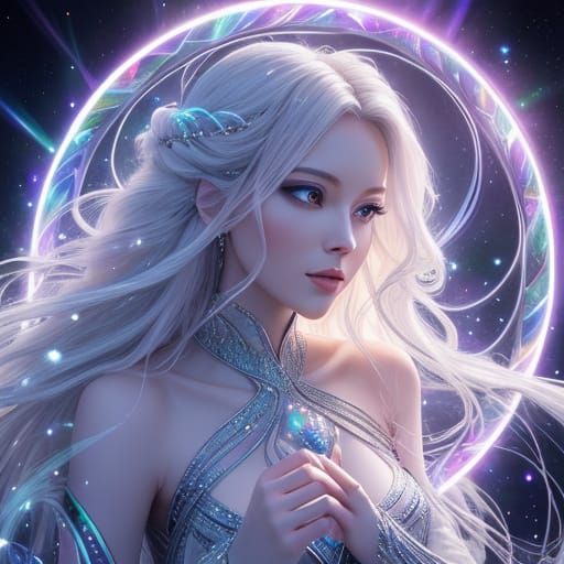 Cyberpunk Goddess Radiates Quantum Energy in Vibrant Crystal...