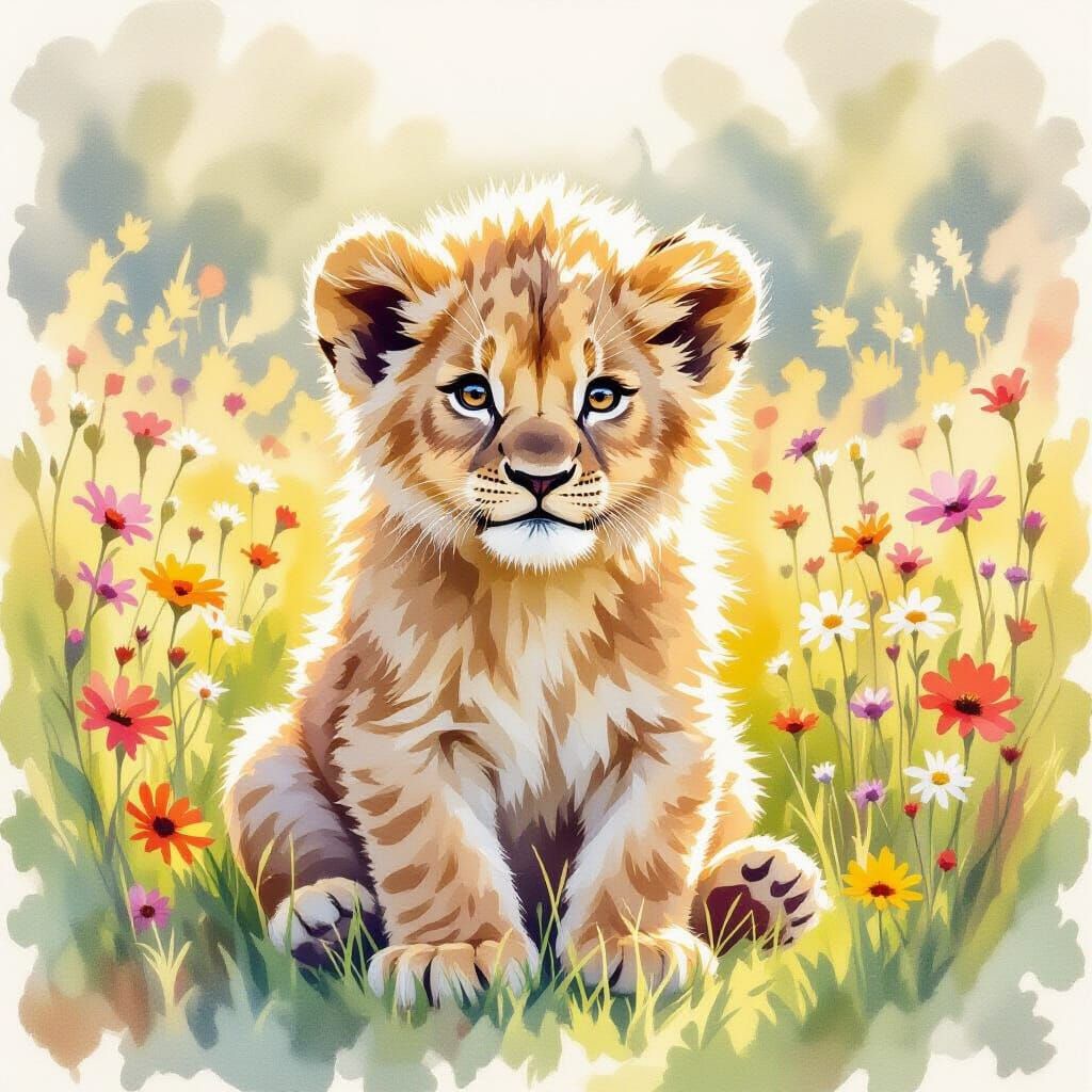 Fluffy Lion Cub in Wildflower Meadow Watercolor