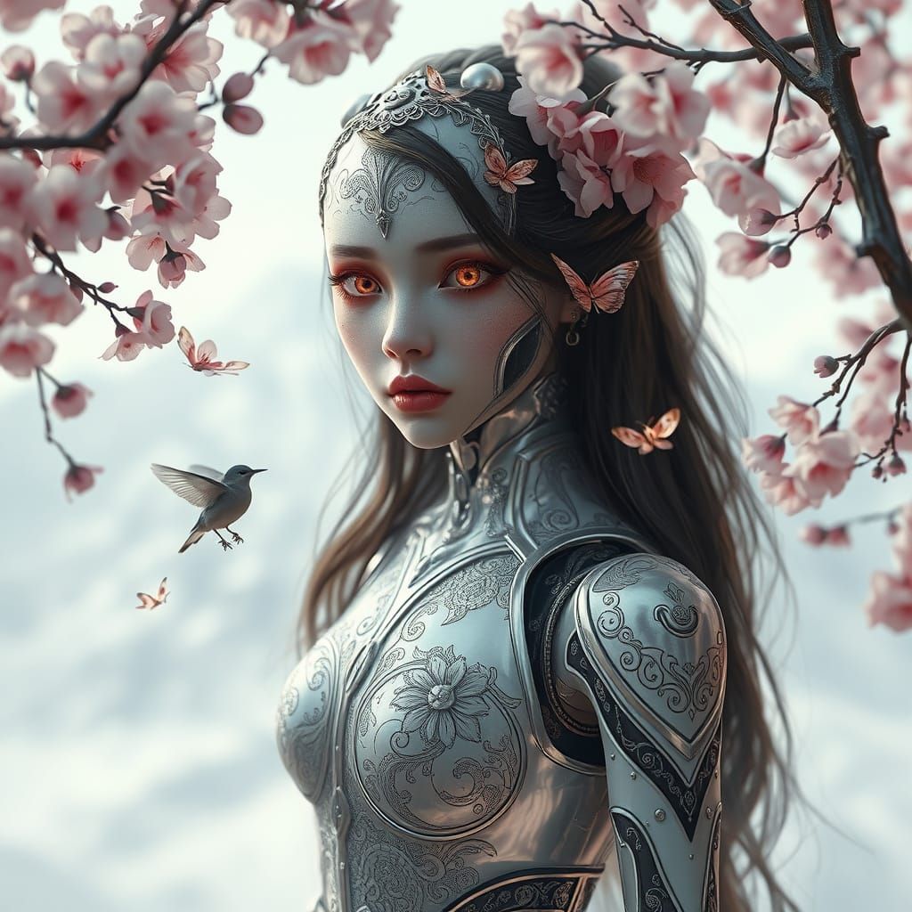 Elegant Cyborg with Floral Metal Body in Anime Style