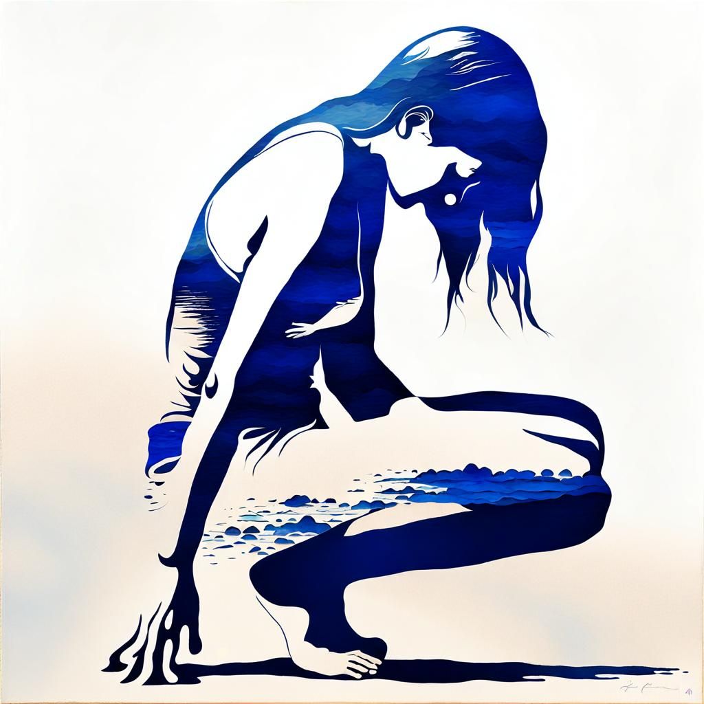 Opalescent Woman: Minimalist Impasto Seascape Study