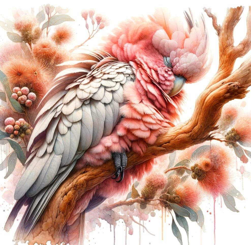 Delicate Watercolour Painting of a Sleeping Pink Cockatoo