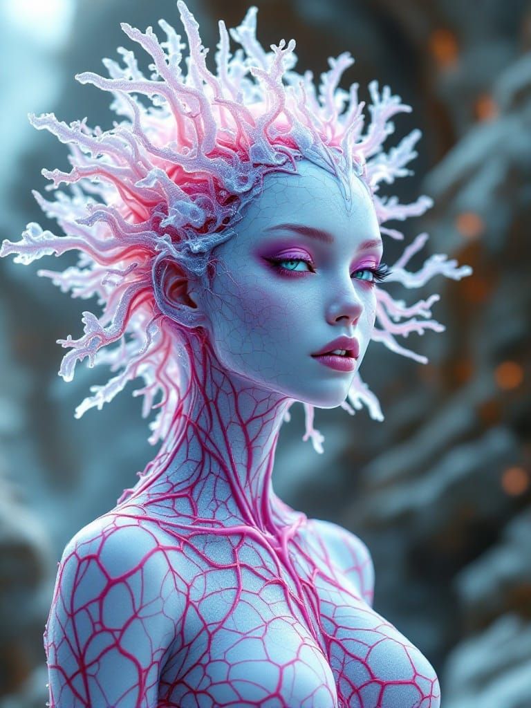 Fantasy Bio-Mechanical Goddess with Glowing Blue Skin and Co...