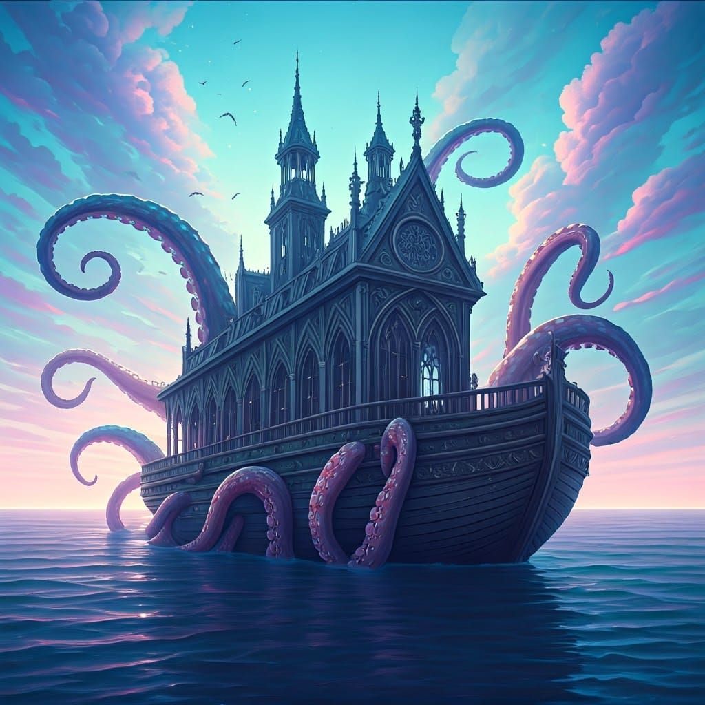 Mystical Gothic Ship Attacked by Kraken
