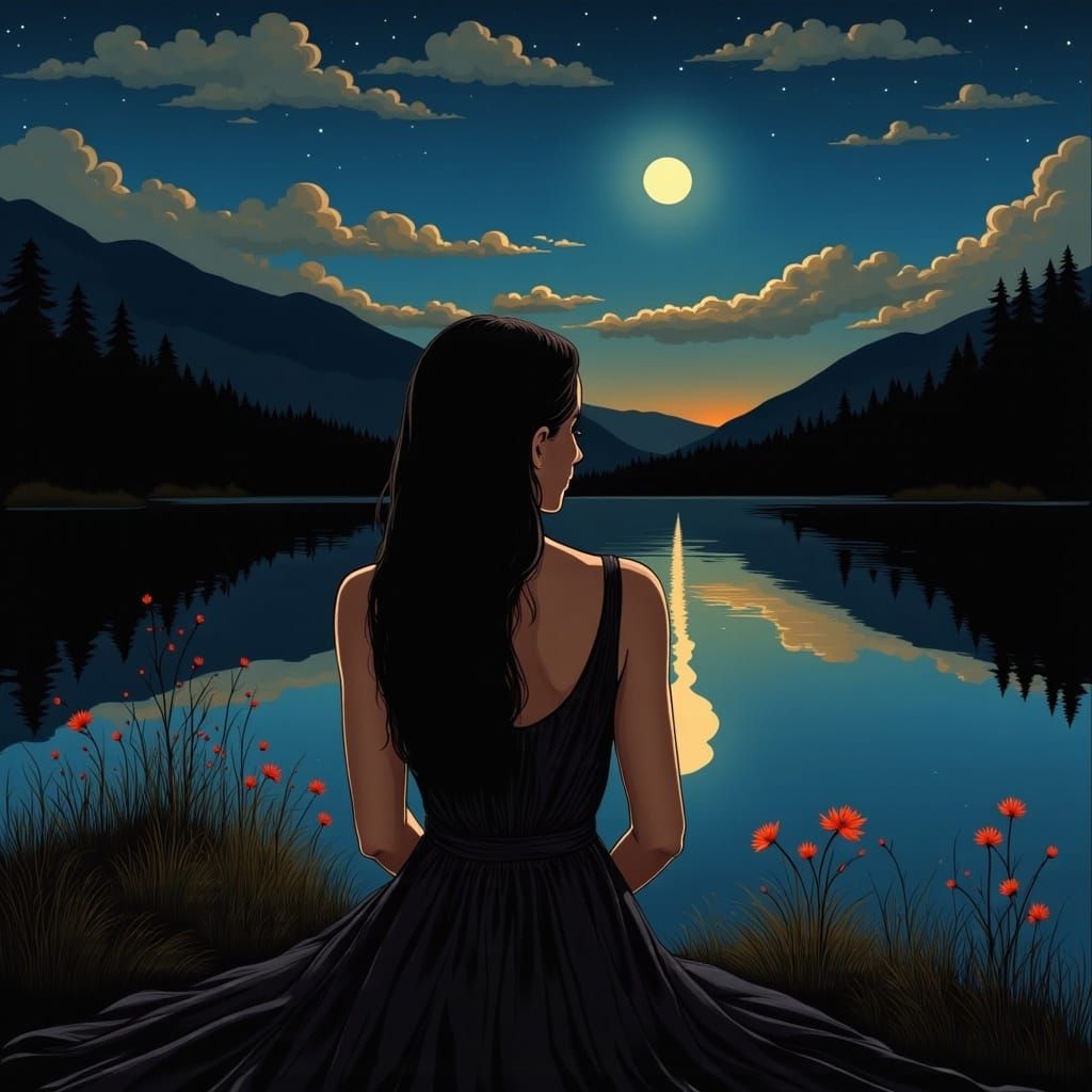 Moonlit Woman Portrait in Palekh Style