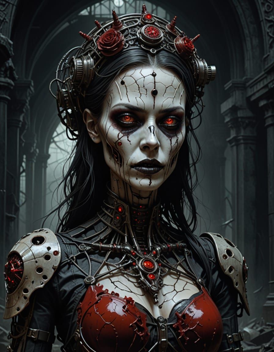 Cybernetic Zombie Nurse in Gothic Mechanical Hospital