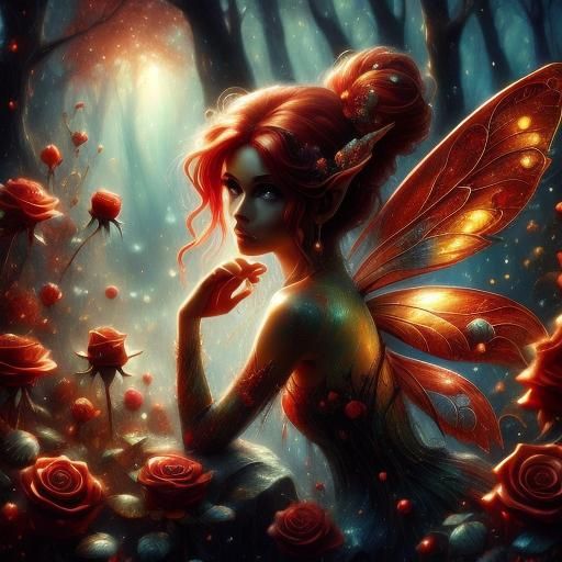 Red Fairy in Enchanted Forest, Fantasy Art