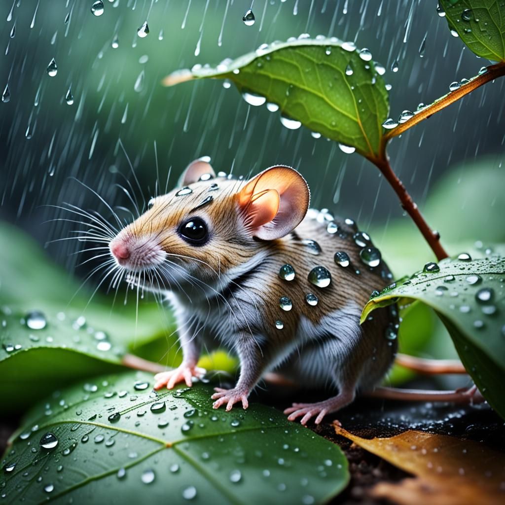 Mouse Sheltering From Rain Under Leaf