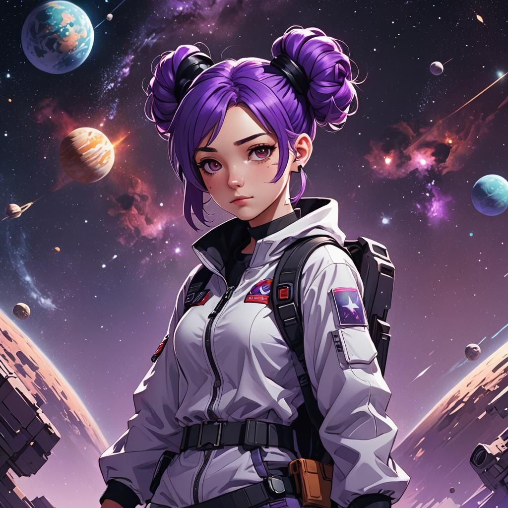 Anime Girl with Purple Hair in Space Buns