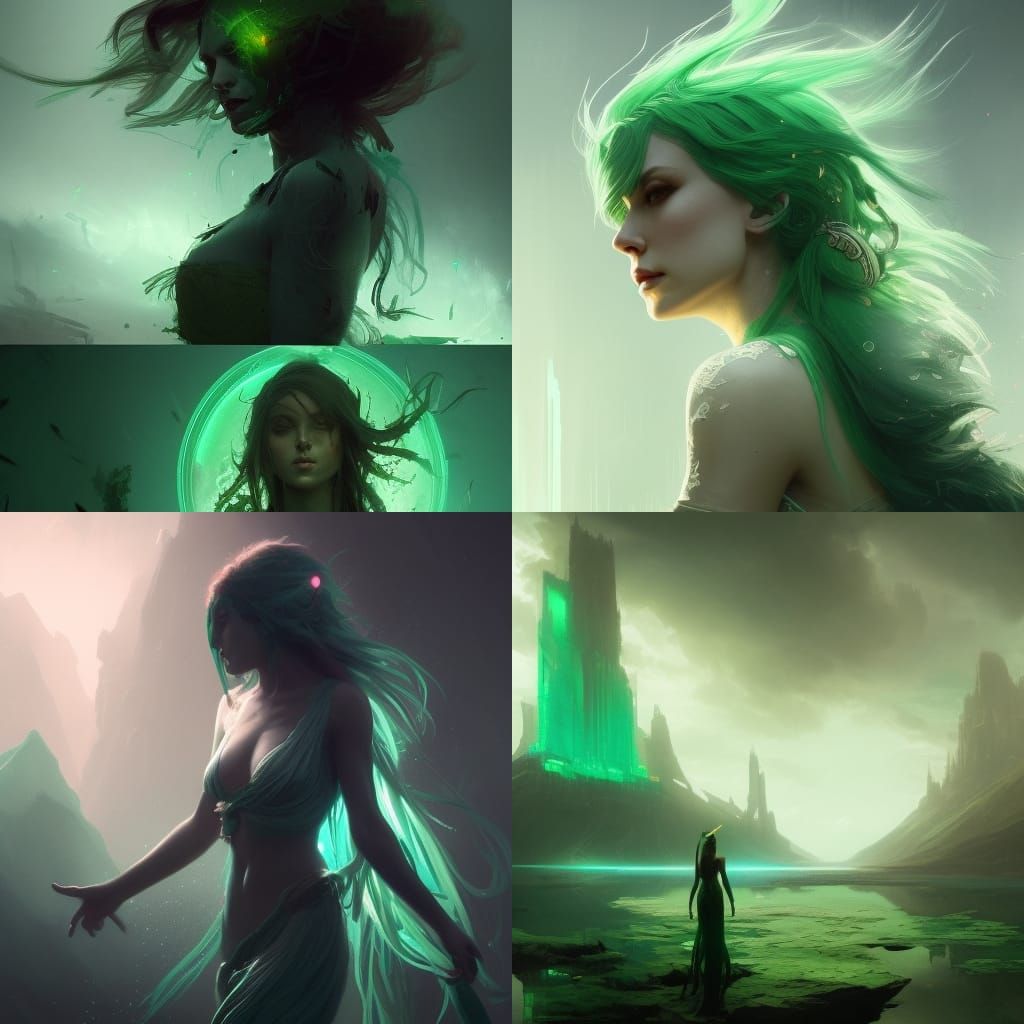 Green-Haired Goddess in Dark Fantasy Art Nouveau Style