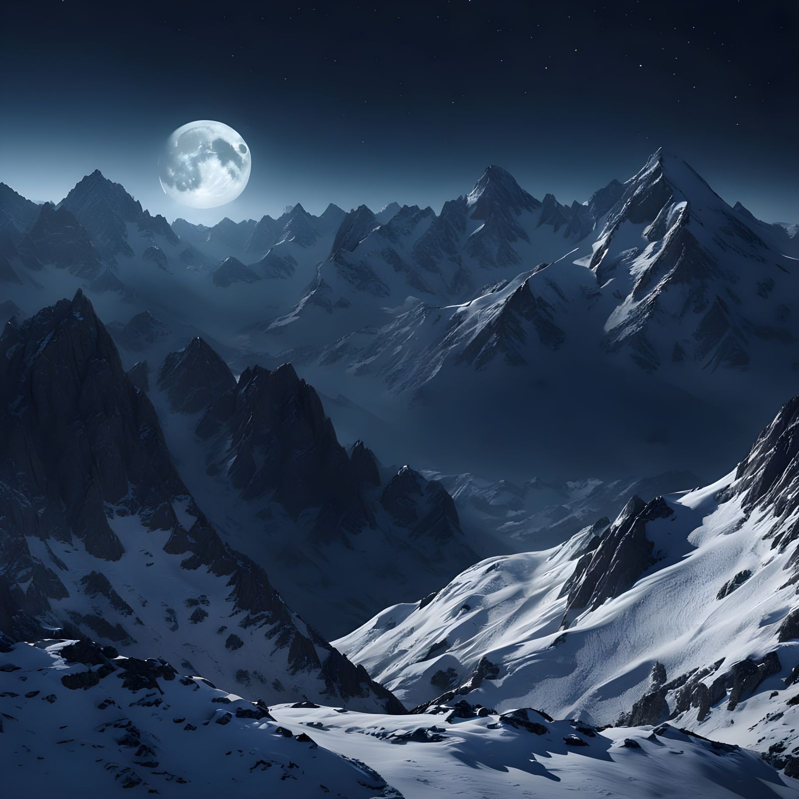Mountain Range Under Full Moon: Hyper-Realistic Digital Art
