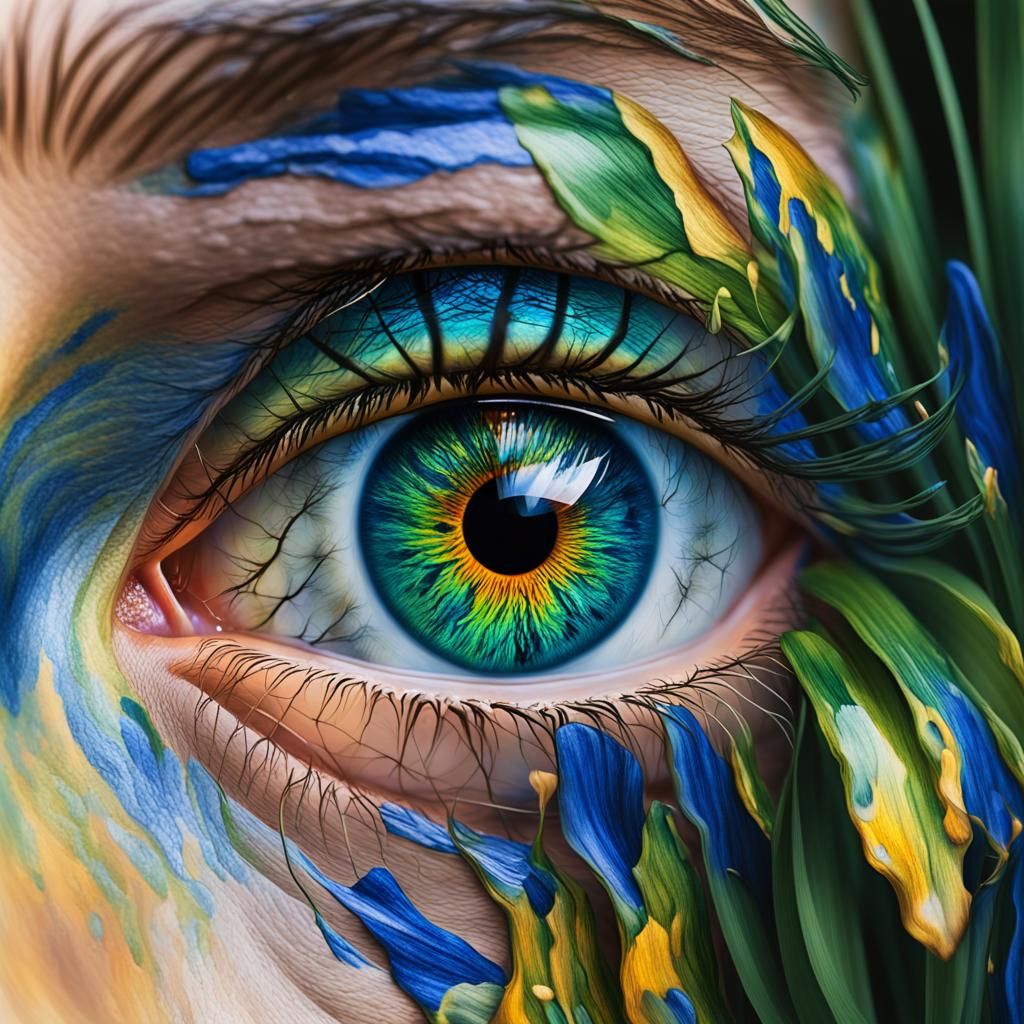 Surreal Tree Reflection in Eye, Macro Oil Painting