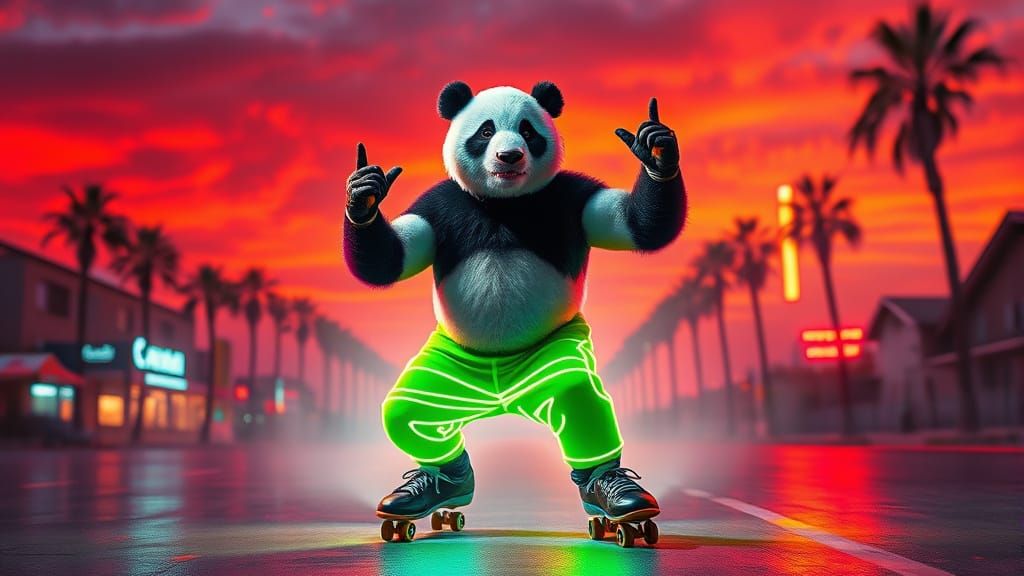 Buff Panda Rollerblading in Malibu, Kissy Face Pose