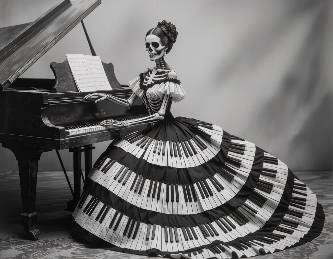 Grayscale Catrina Portrait With Piano Key Dress