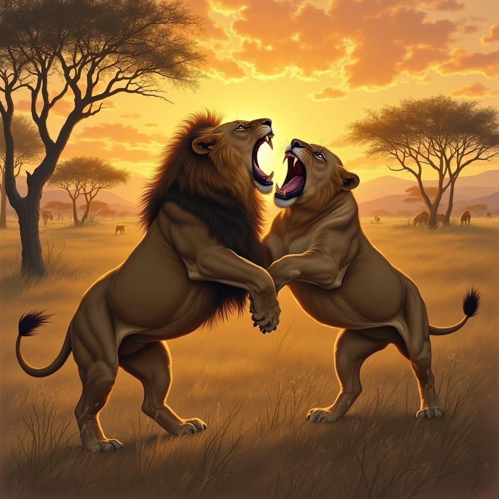 Wild Lions in Frenzied Chaos, Golden Savannah Sunset